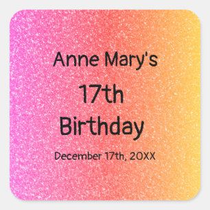Glittery Pink Orange 17th Birthday Custom Age 2024 Square Sticker