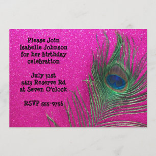 Glittery Pink Peacock Birthday Invitation