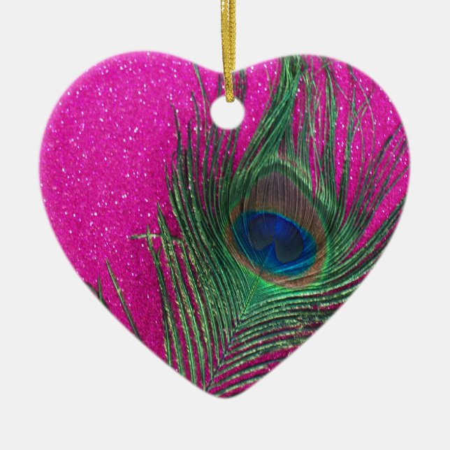 Glittery Pink Peacock Feather Ceramic Ornament (Front)
