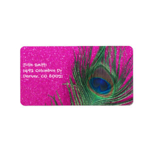 Glittery Pink Peacock Feather Label