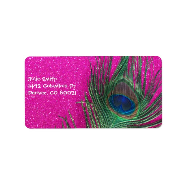Glittery Pink Peacock Feather Label (Front)