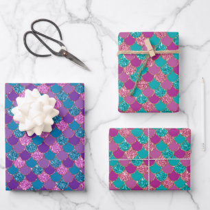 Glittery pink purple and blue mermaid scales wrapping paper sheet