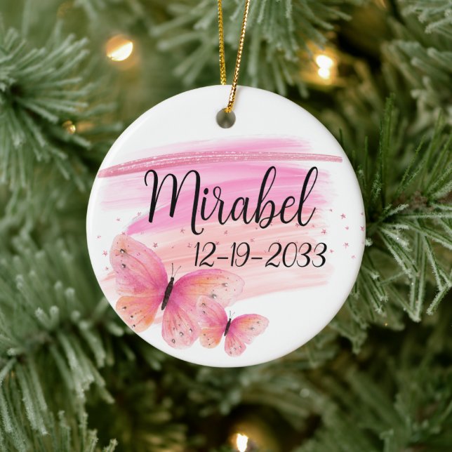 Glittery Pink Rose Butterfly Personalized Ceramic Ornament (Tree)