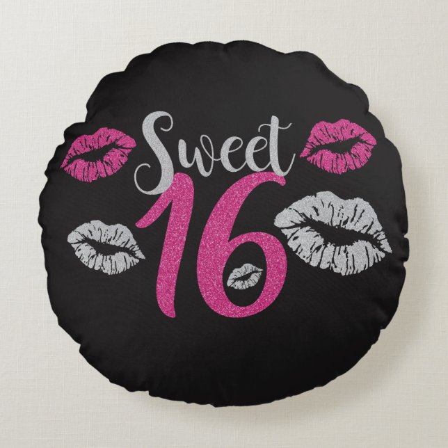 Glittery Pink Silver Sweet 16 Kisses Round Pillow (Front)