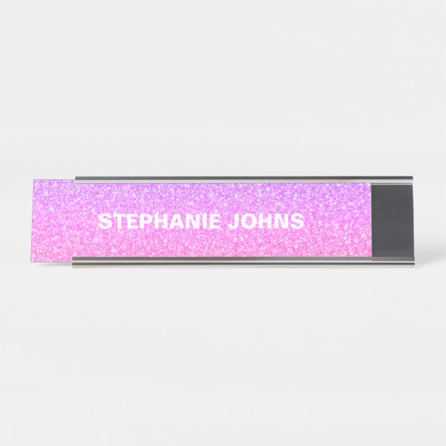 Glittery Pink White Silver Monogram Name Custom Desk Name Plate (Front)