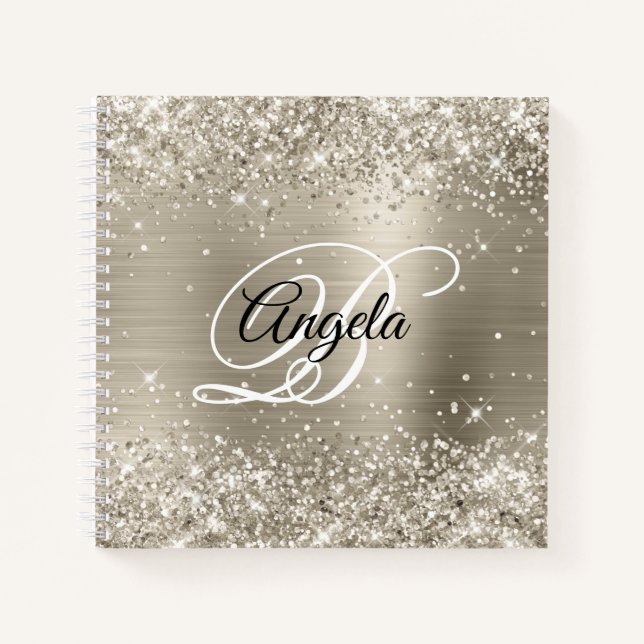 Glittery Platinum Brushed Foil Monogram Notebook (Front)