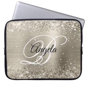 Glittery Platinum Brushed Foil Monogrammed Laptop Sleeve