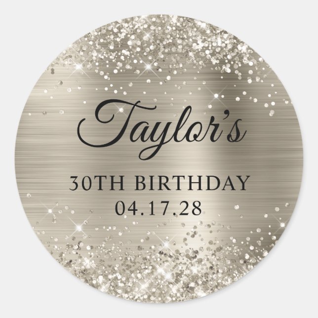 Glittery Platinum Foil 30th Birthday Classic Round Sticker (Front)