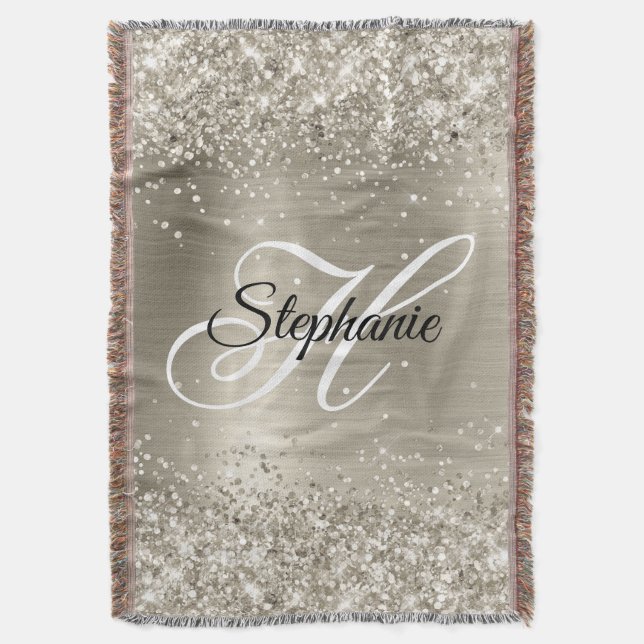 Glittery Platinum Foil Fancy Monogram Throw Blanket (Front Vertical)