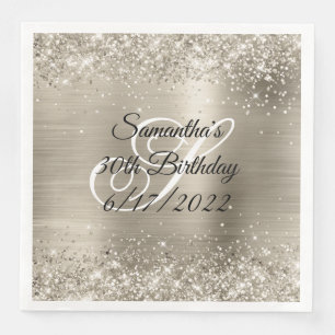 Glittery Platinum Foil Monogrammed 30th Birthday Napkin