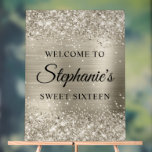 Glittery Platinum Foil Sweet Sixteen Welcome Acrylic Sign<br><div class="desc">Create your own 16th birthday party welcome 18x24 vertical acrylic sign for your daughter. Replace the sample image with your own family photo. Customize the modern elegant calligraphy with a modern all caps style font to create your own personalized sign. The background features a faux sparkly platinum glitter with a...</div>