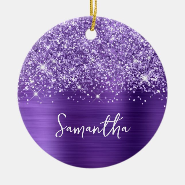 Glittery Purple Amethyst Glam Name Photo Ceramic Ornament (Front)