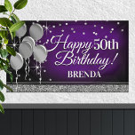 Glittery Purple and Silver Happy Birthday Banner<br><div class="desc">Fun banner sign for indoors or out,  featuring some glam metallic balloons and glittery confetti on a rich textured deep purple background for your personalized birthday banner.</div>