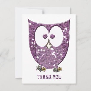 Glittery Purple Bling Owl Flat Thank You  Notes