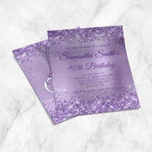 Glittery Purple Foil Monogram 90th Birthday Invite Flyer