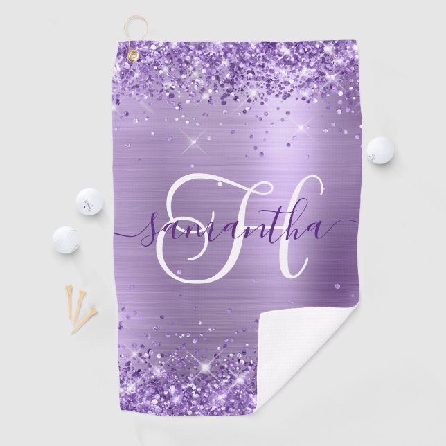 Glittery Purple Glam Monogrammed Golf Towel (InSitu)