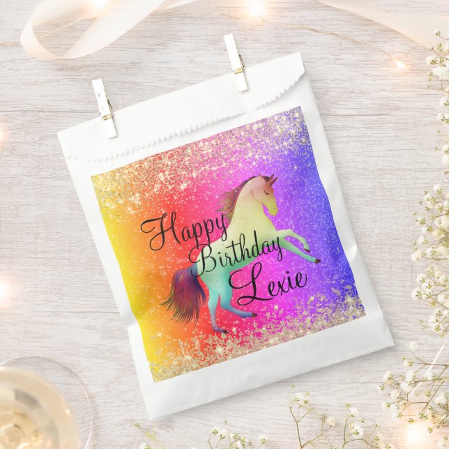 Glittery Rainbow Unicorn Birthday Personalized Favour Bag (Clipped)