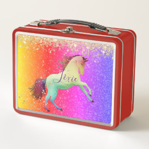 Glittery Rainbow Unicorn Personalized Metal Lunch Box