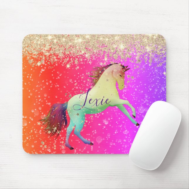 Glittery Rainbow Unicorn  Personalized Mouse Pad (With Mouse)