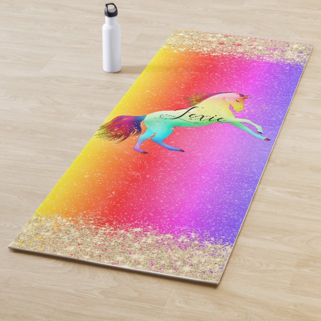 Glittery Rainbow Unicorn Personalized Yoga Mat (In Situ)