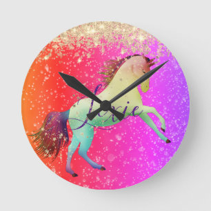 Glittery Rainbow Unicorn Round Clock