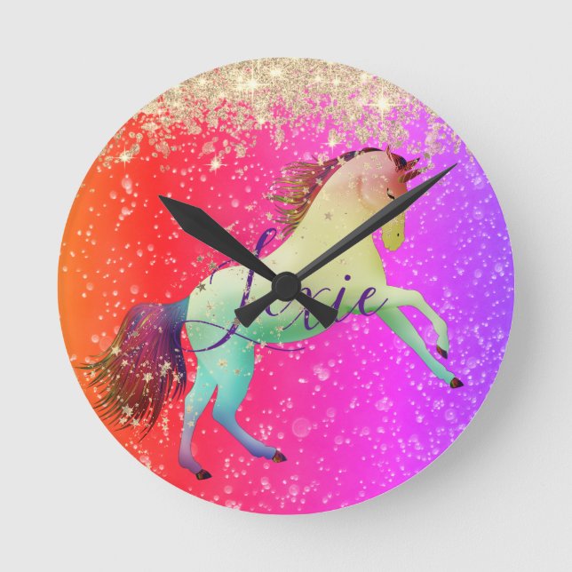 Glittery Rainbow Unicorn   Round Clock (Front)