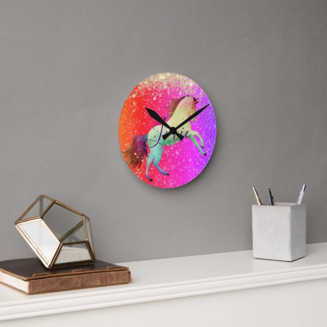 Glittery Rainbow Unicorn   Round Clock (Office)