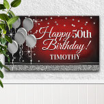 Glittery Red and Silver Happy Birthday Banner<br><div class="desc">Fun banner sign for indoors or out,  featuring some glam metallic balloons and glittery confetti on a rich textured deep red background for your personalized birthday banner.</div>