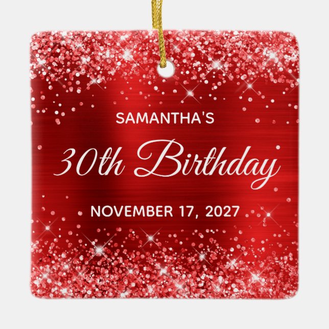 Glittery Red Foil 30th Birthday Ceramic Ornament (Front)