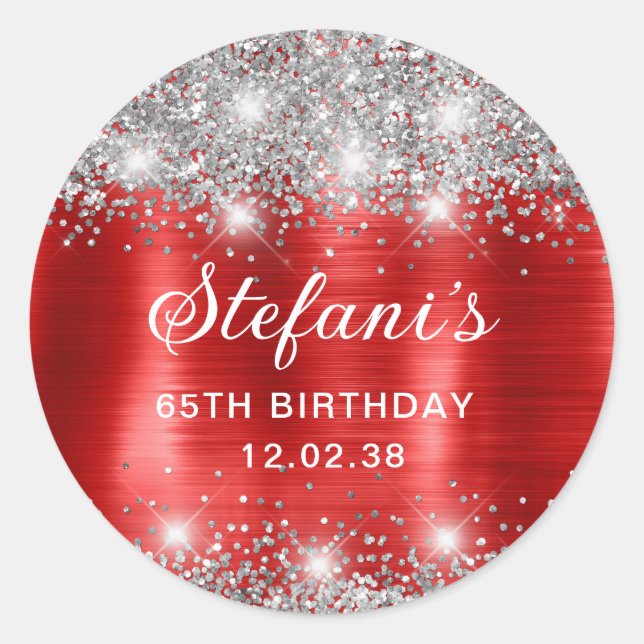 Glittery Red Foil 65th Birthday Classic Classic Round Sticker (Front)