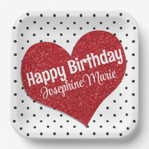 Glittery Red Heart Sweetheart Any Age Birthday Paper Plate