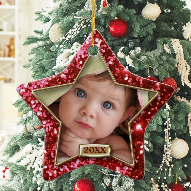 Glittery Red Star Photo Ceramic Ornament (Creator Uploaded)