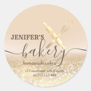 Glittery  rolling pin & whisk chef script bakery classic round sticker