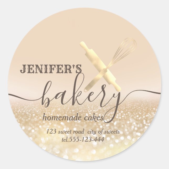 Glittery  rolling pin & whisk chef script bakery classic round sticker (Front)