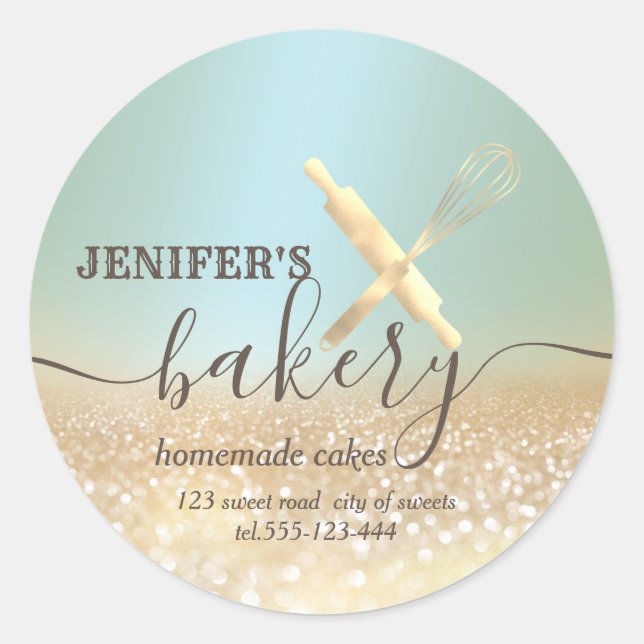 Glittery  rolling pin & whisk chef script bakery classic round sticker (Front)