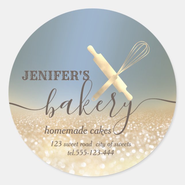 Glittery  rolling pin & whisk chef script bakery classic round sticker (Front)