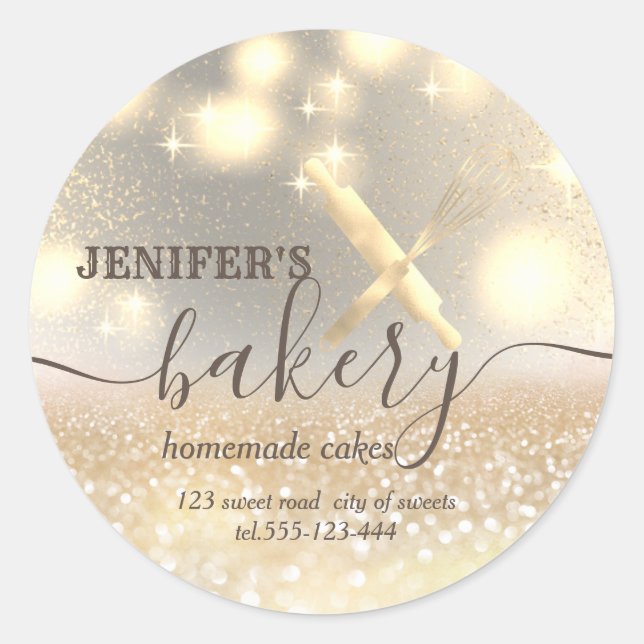 Glittery  rolling pin & whisk chef script bakery classic round sticker (Front)