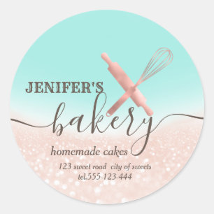 Glittery  rolling pin & whisk chef script bakery classic round sticker