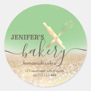Glittery rolling pin & whisk chef script bakery classic round sticker