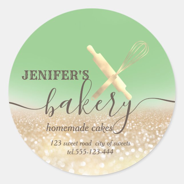 Glittery  rolling pin & whisk chef script bakery classic round sticker (Front)