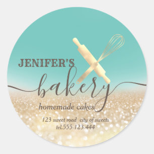 Glittery rolling pin & whisk chef script bakery classic round sticker