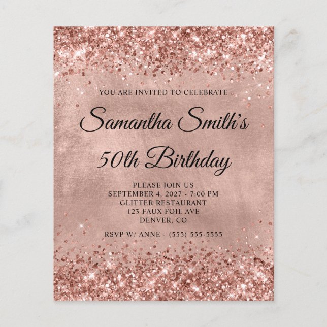 Glittery Rose Gold 50th Birthday Monogram Invite Flyer (Front)