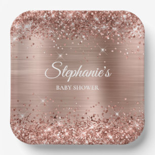 Glittery Rose Gold Baby Shower Paper Plate