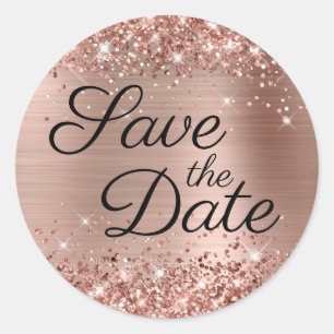 Glittery Rose Gold Black Elegant Save the Date Classic Round Sticker