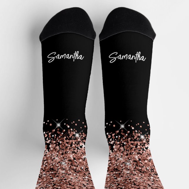Glittery Rose Gold Black Glam Brush Script Name Socks (Top)