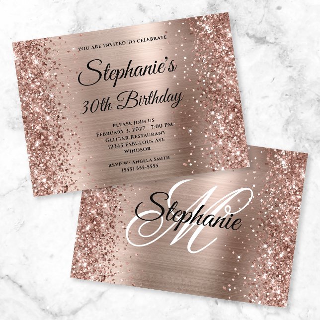 Glittery Rose Gold Fancy Monogram 30th Birthday Invitation (Creator Uploaded)