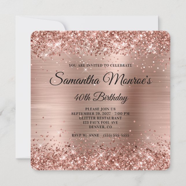 Glittery Rose Gold Fancy Monogram 40th Birthday Invitation (Front)