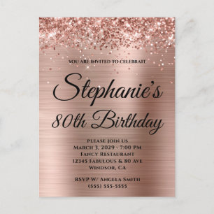 Glittery Rose Gold Fancy Monogram 80th Birthday Invitation Postcard