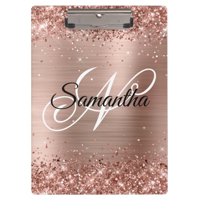 Glittery Rose Gold Fancy Monogram Clipboard (Front)
