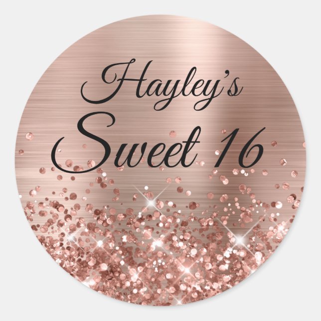Glittery Rose Gold Faux Foil Sweet 16 Classic Round Sticker (Front)